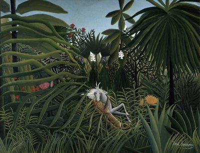 Jaguar atakujący konia, 1910 autorstwa Henri Rousseau