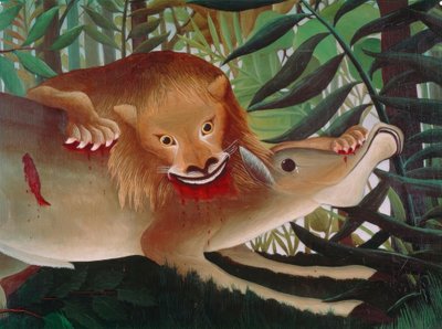 Lew, głodny, rzuca się na Antylopę autorstwa Henri Rousseau
