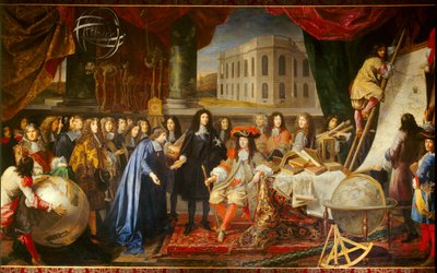 Colbert przedstawiający członków Królewskiej Akademii Nauk Ludwikowi XIV w 1667 r. (olej na płótnie) autorstwa Henri Testelin