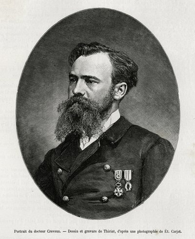Portret dr. Julesa Nicolasa Crevaux (1847-1882), lekarza i badacza Ameryki Południowej (od Gujany Francuskiej po Argentynę), bardzo interesował się badaniem obyczajów i historią społeczności, które spotkał podczas swoich podróży, redygował liczne książki autorstwa Henri Thiriat