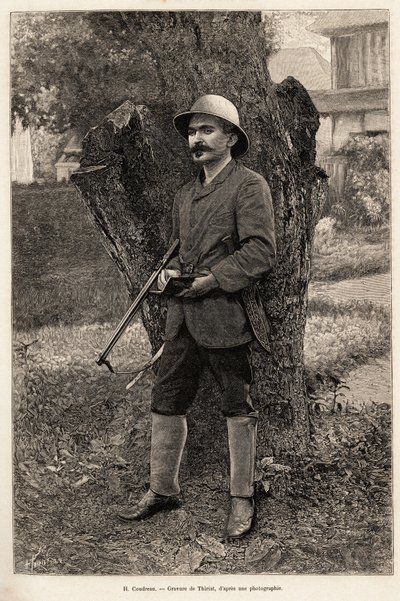 Portret Henri Coudreau (1859-1899), profesora geografii i badacza Amazonki (Brazylia). Grawer autorstwa Thiriata ilustrujący historię „” wśród naszych Indian, cztery lata podróży po Gujanie Francuskiej”” autorstwa Henri Thiriat