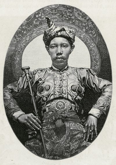 Portret Mohammeda Yamalula Alama, sułtana Soulou (lub Sulu) (Filipiny), w 1880 roku. Grawerowanie wykonane przez Thiriata, aby zilustrować historię „”Podróż na Filipiny”” autorstwa Henri Thiriat