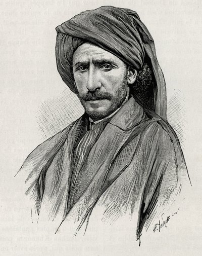 Portret szejka Mojżesza, najpotężniejszego przywódcy plemiennego Arabistanu (lub półwyspu arabskiego). Grawer autorstwa Thiriata, ilustrujący historię „Persja, Chaldee i Susiane”” autorstwa Henri Thiriat