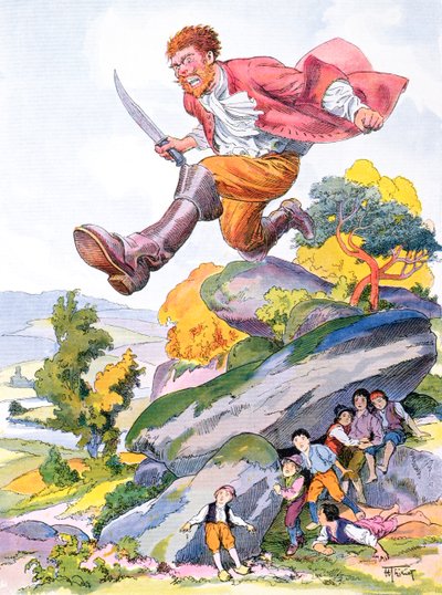 Ogr polujący na Toma Thumb i jego braci, ilustracja do bajki Perraulta „Tom Thumb” („Le Petit Poucet”), początek XX wieku (kolor litho) autorstwa Henri Thiriet