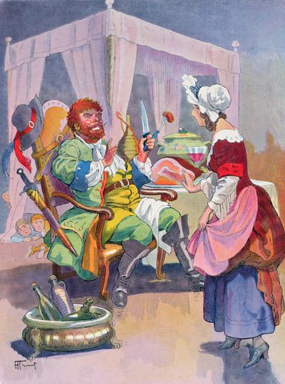 Ogr wącha świeżego ludzkiego mięsa, ilustracja do bajki Perraulta „Tom Thumb” („Le Petit Poucet”), początek XX wieku (kolor lito) autorstwa Henri Thiriet