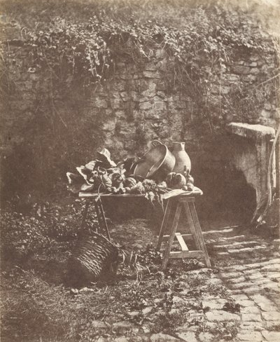 [Martwa natura: kociołek, dzbanek i warzywa na stole kozłowym]. autorstwa Henri Victor Regnault