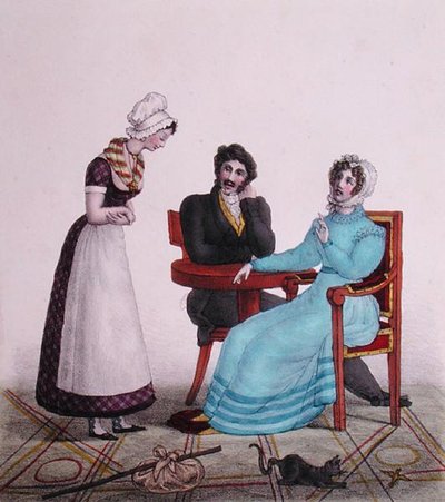 „A przede wszystkim bądź grzeczny!”, karykatura pary rozmawiającej z służącą przed jej wyjściem, ok. 1820-30 (kolor lito) autorstwa Henri Villain