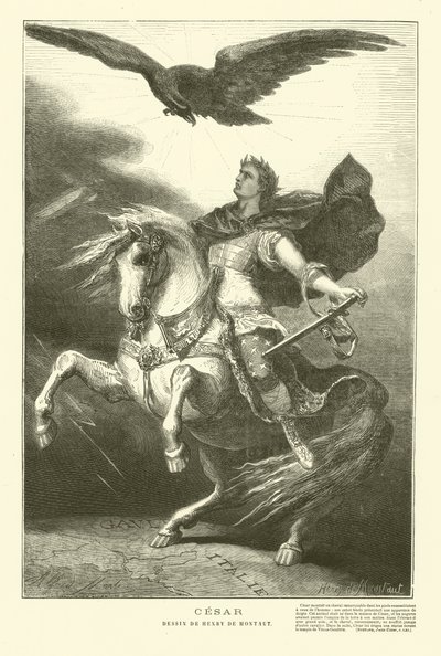 Juliusz Cezar na koniu z orłem cesarskim nad nim (rycina) autorstwa Henri de (after) Montaut