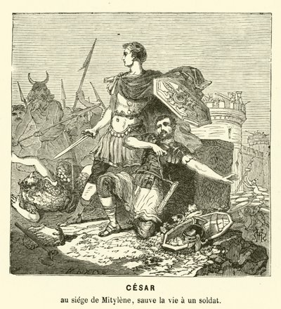Juliusz Cezar ratujący życie żołnierza podczas oblężenia Mityleny, Lesbos, Grecja, 81 pne (rycina) autorstwa Henri de (after) Montaut