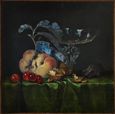 Martwa natura z brzoskwiniami, orzechami włoskimi, myszką i weneckim kieliszkiem do wina, 1661. autorstwa Henri de Fromantiou