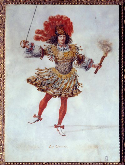 Kostium wojenny, trzymający w jednej ręce pochodnię, a w drugiej miecz w balecie „Les noces de Pelee et Thetis” (Le Nozze di Peleo et di Teti) Carlo Caprioli (lub Caproli) del Violino, gra w dniu 26.01.201654 w Peer Bourbon. Rola wojny autorstwa Henri de Gissey