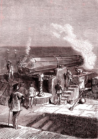 Gigantyczna armata na Malcie, grafika „Od Ziemi do Księżyca” Juliusza Verne’a autorstwa Henri de Montaut