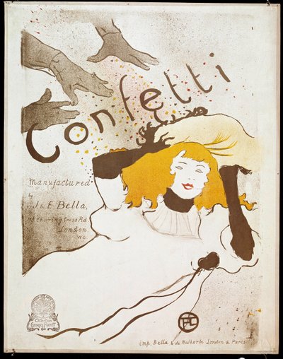 Konfetti: ręce rzucają konfetti na nadgarstki kobiety o żółtych włosach. Plakat autorstwa Henri de Toulouse-Lautreca (1864-1901). Ciemny. 0,54 x 0,39. 1893. Albi, Musee Toulouse Lautrec autorstwa Henri de Toulouse Lautrec