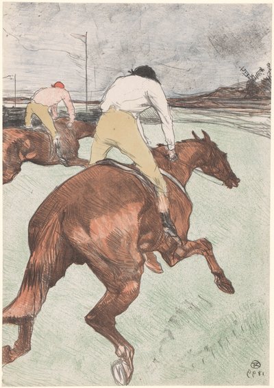 „Dżokej” Dwóch dżokejów na koniach Le dżokej (tytuł oryginalny) Wyścigi konne (tytuł serii) Kursy (tytuł serii) autorstwa Henri de Toulouse Lautrec