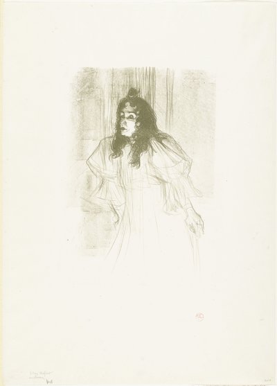 Portret piosenkarki May Belfort z luźnymi, zwisającymi włosami autorstwa Henri de Toulouse Lautrec