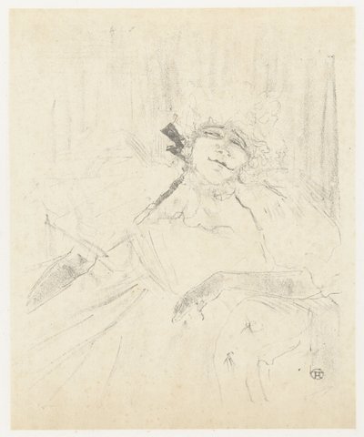 Portret van Yvette Guilbert w fotelu op toneel Yvette Guilbert (stara piosenka) Yvette Guilbert: seria angielska (tytuł serii) autorstwa Henri de Toulouse Lautrec