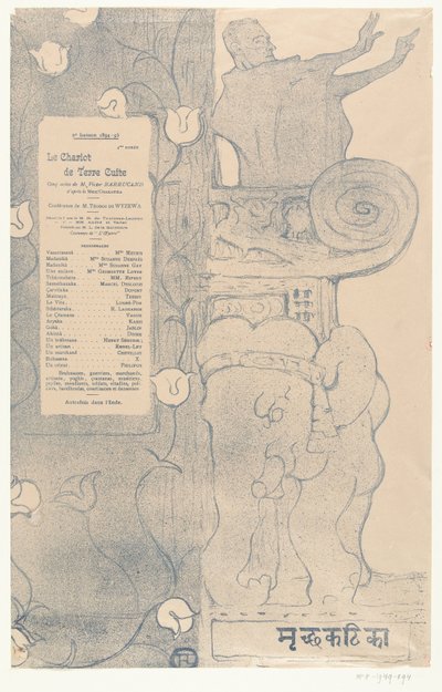 Program do spektaklu Le chariot de terre cuite z aktorem Felixem Fénéonem stojącym na balkonie nad słoniem indyjskim Program pour Le chariot de terre cuite autorstwa Henri de Toulouse Lautrec