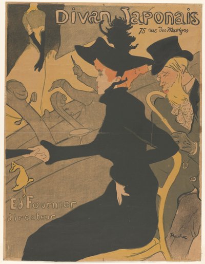 Kobieta i mężczyzna na widowni na występie śpiewu Divan Japanis (tytuł na obiekcie) autorstwa Henri de Toulouse Lautrec