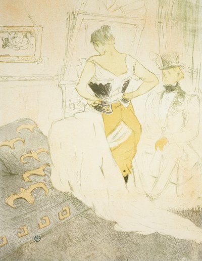 Kobieta mocująca gorset, Passing Conquest, płyta dziewiąta od Elles autorstwa Henri de Toulouse-Lautrec