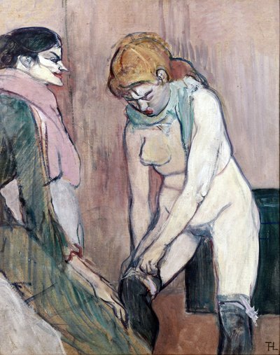 Kobieta ciągnąca pończochy lub Kobieta domu (malowanie na kartonie) autorstwa Henri de Toulouse Lautrec