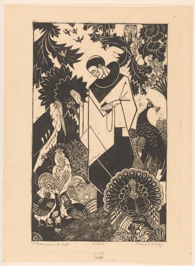 Św. Franciszek i ptaki (oryginalny tytuł na obiekcie) autorstwa Henri van der Stok (signed by artist)