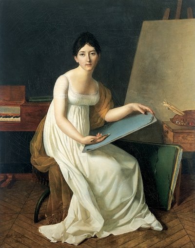 Portret artysty ubranego w białą suknię i trzymającego szkicownik autorstwa Henriette Lorimier