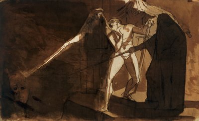 Makbet i trzy wiedźmy pokazujące mu uzbrojoną głowę (akwarela) autorstwa Johann Heinrich Füssli