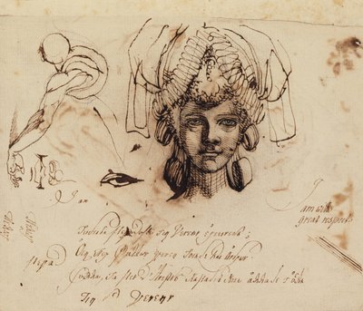 Pani Fuseli w skomplikowanym nakryciu głowy i studium oka, ust i tułowia (pióro i atrament) autorstwa Johann Heinrich Füssli