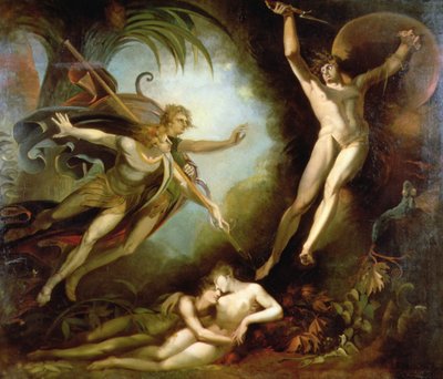 Szatan rozpoczynający się od dotknięcia włóczni Ithuriela autorstwa Johann Heinrich Füssli