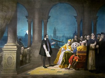 Galileo Galilei demonstrujący swój teleskop Leonardo Donato, doży Wenecji i senatowi weneckiemu w 1609 r., ok. 1900 r. (litografia) autorstwa Henry (after) Detouche