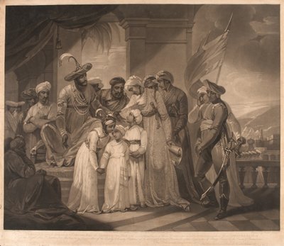 „Tippoo Sultaun dostarczający Gullumalli Vakeel swoich dwóch synów” (litografia) autorstwa Henry (after) Singleton