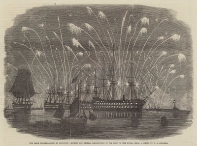 Upamiętnienie pokoju w Plymouth, rakiety i ogólna iluminacja floty w cieśninie Sund autorstwa Henry A. Luscombe