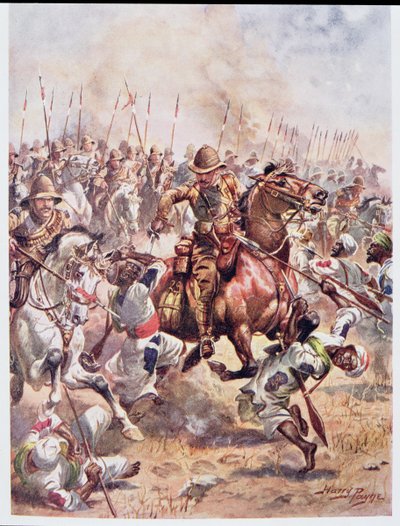 Szarża dwudziestu pierwszych ułanów, ilustracja z „Glorious Battles of English History” majora C.H. Wylly, lata 20. autorstwa Henry A. Payne