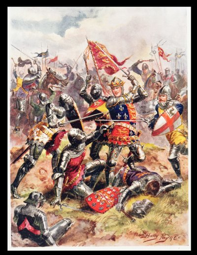 Król Henryk V (1387-1422) walczy z bohaterskim męstwem, ilustracja z „Glorious Battles of English History” majora C.H. Wylly, lata 20. autorstwa Henry A. Payne