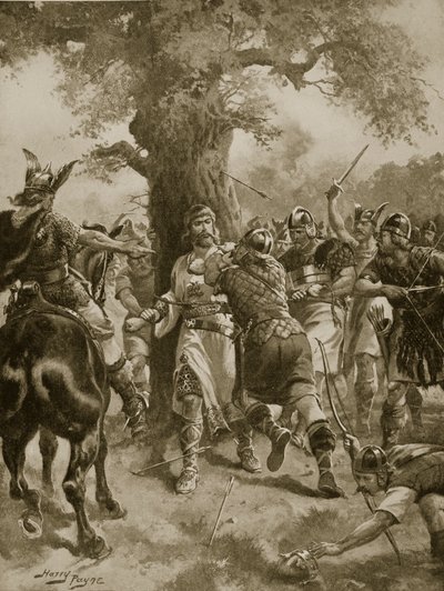 St Edmund zabity przez Duńczyków, 870 AD, ilustracja z „Hutchinson