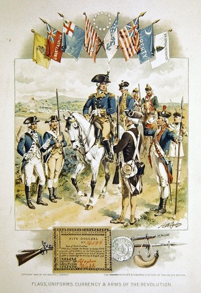 Amerykańskie flagi, mundury, waluta i broń rewolucji, ilustracja ze „Standardowej historii Stanów Zjednoczonych dla młodych ludzi”, wydrukowana przez Woolfall Company autorstwa Henry Alexander (after) Ogden