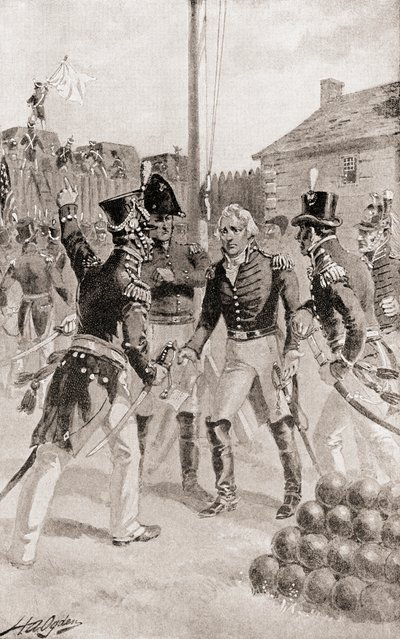 Generał brygady William Hull oddaje fort i miasto Detroit w stanie Michigan w Ameryce podczas oblężenia Detroit, z książki Historia naszego kraju, opublikowanej w 1905 r. autorstwa Henry Alexander Ogden