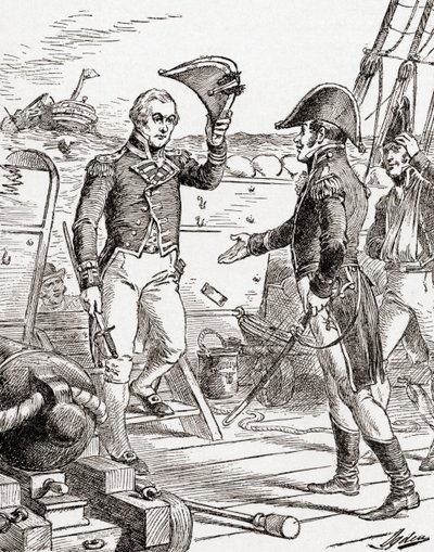 Kapitan Dacres z HMS Guerriere poddaje się i ofiarowuje swój miecz kapitanowi Hullowi na pokładzie USS Constitution po jego klęsce podczas wojny 1812, z Historii naszego kraju, opublikowanej 19 autorstwa Henry Alexander Ogden