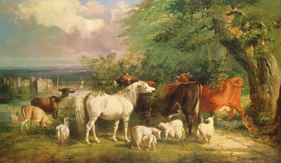 Haddon Hall z owcą, bydłem, jeleniem i kucykiem autorstwa Henry Barraud