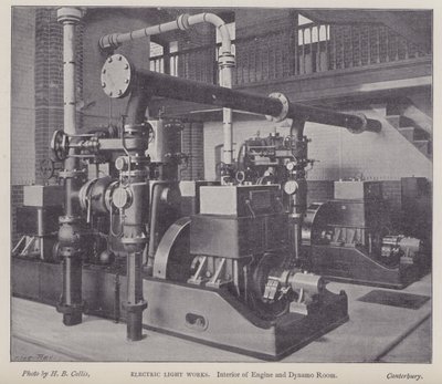 Wnętrze maszynowni i dynama, Electric Light Works, Canterbury, Kent (zdjęcie czarno-białe) autorstwa Henry Beauchamp Collis