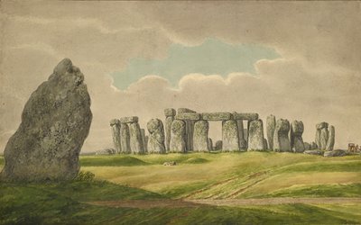 Stonehenge z pn.-ws., ukazujące ruiny i kamień pięty z wozem, koniem, osobą, 1824-1839 autorstwa Henry Browne