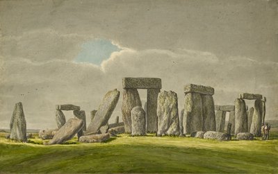 Stonehenge z SE, ukazujące kamienie w stanie ruiny z 2 zwiedzającymi, 1824-1839 autorstwa Henry Browne