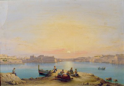 Port w Valletcie o zachodzie słońca autorstwa Henry Charles Ferro