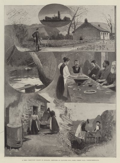 Wolna kolonia komunistyczna w Anglii, szkice na farmie Clousden Hill, Forest Hall, Northumberland autorstwa Henry Charles Seppings Wright