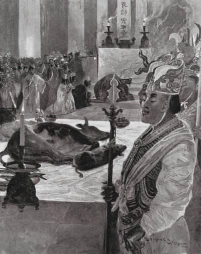 Ofiara w świątyni konfucjańskiej (litografia) autorstwa Henry Charles Seppings Wright