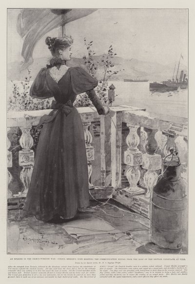 Epizod w wojnie grecko-tureckiej, żona konsula Merlina podnosi sygnał komunikacyjny z dachu konsulatu brytyjskiego w Volo autorstwa Henry Charles Seppings Wright