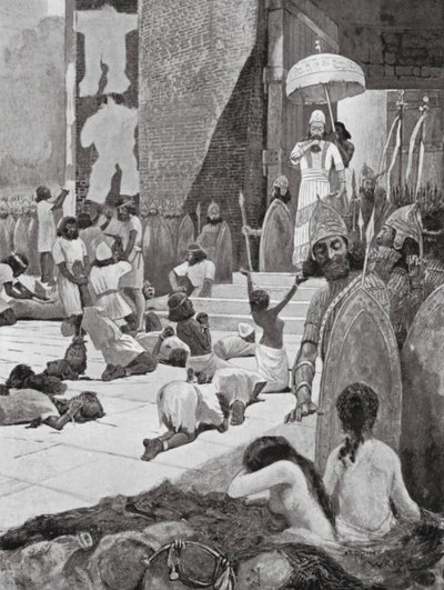 Ashur-nasir-pal i jego jeńcy wojenni (litografia) autorstwa Henry Charles Seppings Wright