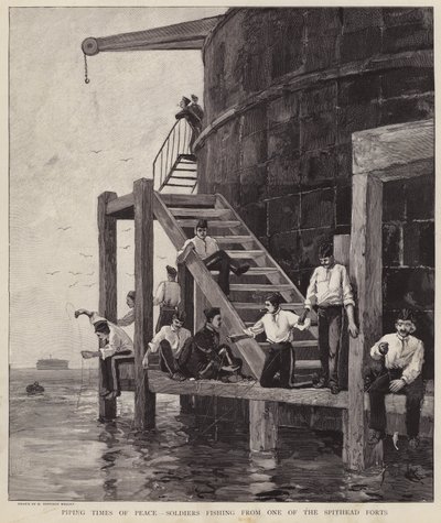 Brytyjscy żołnierze łowią ryby z jednego z fortów w Spithead, Hampshire (litho) autorstwa Henry Charles Seppings Wright