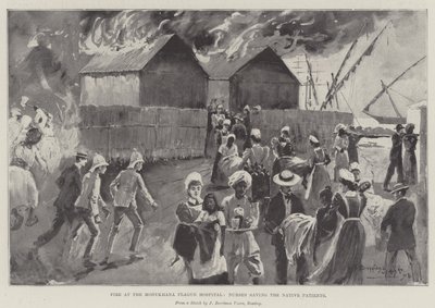 Pożar w szpitalu Modykhana Plague Hospital, pielęgniarki ratujące rodzimych pacjentów autorstwa Henry Charles Seppings Wright