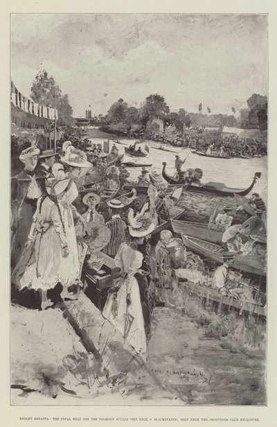 Henley Regatta, finałowa fala diamentowych czaszek (Ten Eyck v Blackstaffe), widziana z pomieszczenia Grosvenor Club autorstwa Henry Charles Seppings Wright